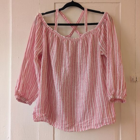 Gap Cold-Shoulder Stripe Linen Top Blouse Red White Nautical Size Medium - Picture 5 of 7